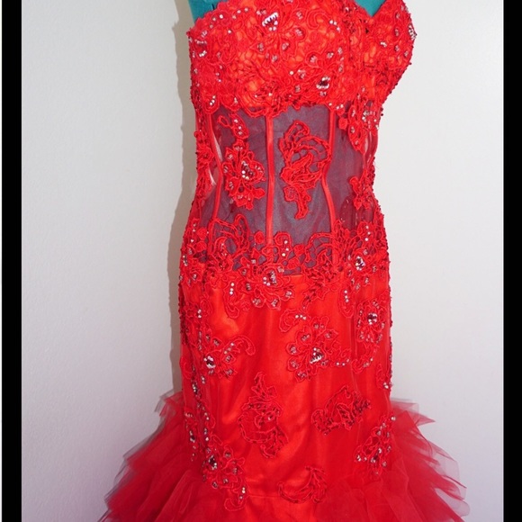 JASZ COUTURE HOT SEXY RED LACE MERMAID SATIN TULLE FORMAL DRESS SIZE 12 - Picture 3 of 8